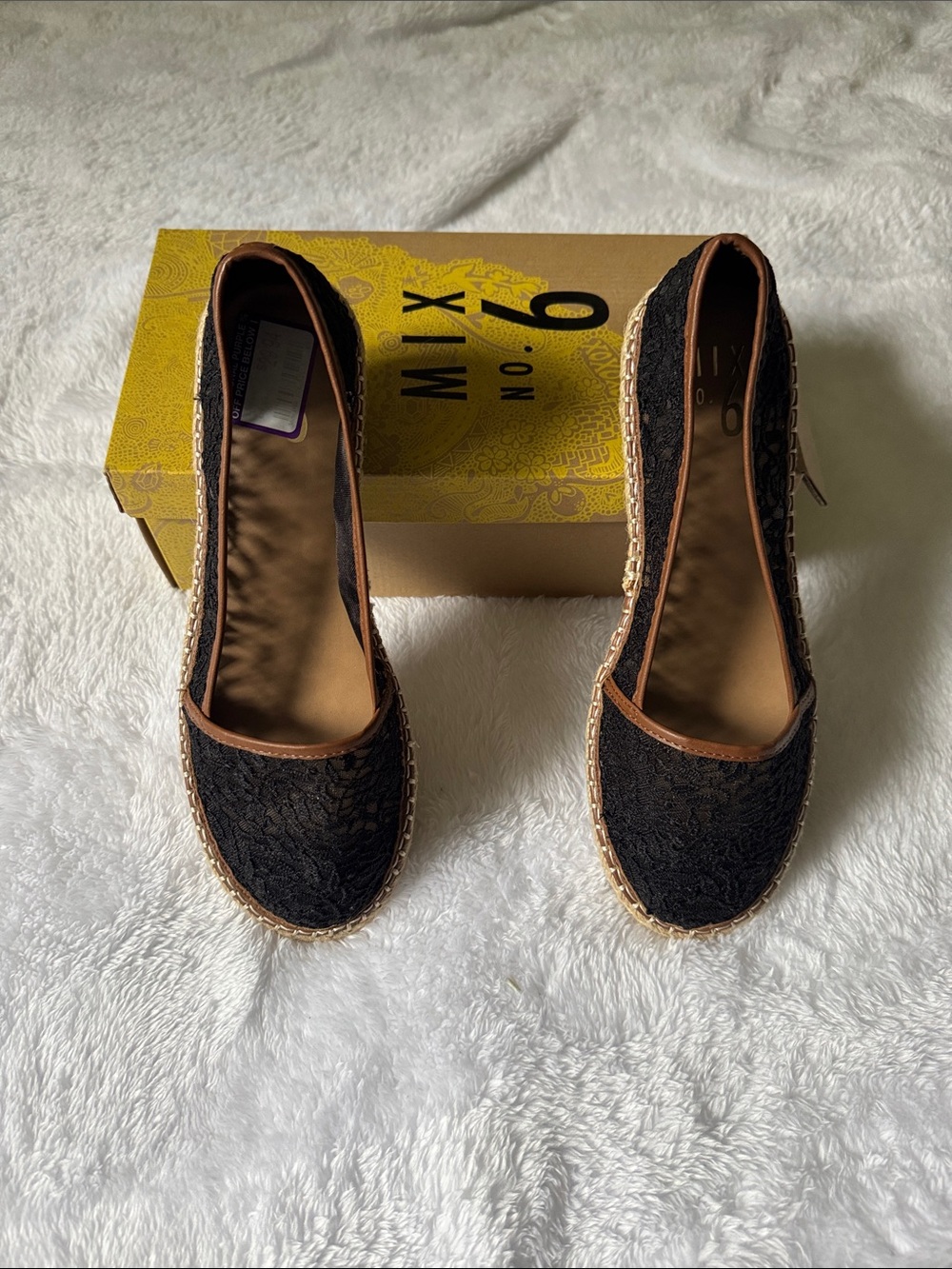 Mix No. 6 Black Lace Espadrille Flats with Brown Trim